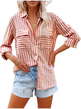 🆕Women's Red Long Sleeve Button Down V Neck Casual Imported Blouses Shirts